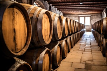 Wooden oak Port barrels in neat rows.