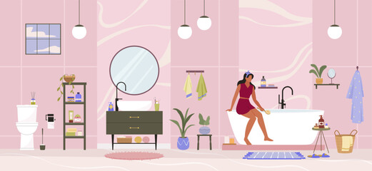 bathroom interior background. housekeeper washing sink, towels shower bath accessories and furniture, mirror shelf bath shampoo persil. vector cartoon interior design.