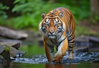 Fototapeta premium Amur tiger walking in the water. Dangerous animal. Animal in a green forest stream.