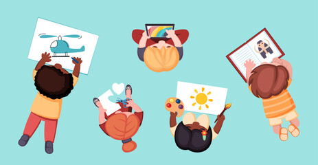kids crafting top view. hobby handmade poster workshop above view, kindergarten concept, creation, education, drawing painting. vector cartoon childish collection.