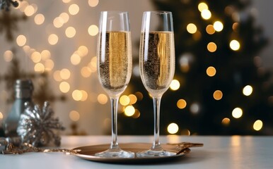 Glasses with champagne on the background of Christmas decorations.