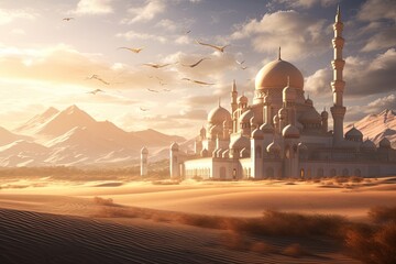 a beautiful grand mosque masjid in a desert at daytime - obrazy, fototapety, plakaty