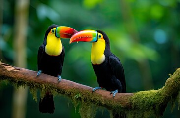 Toucan sitting on the branch in the forest.
