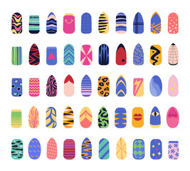 nail ornaments patterns. manicure fingernail fashion concept, beauty female nails collection. vector cartoon flat minimalistic set.