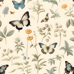 Seamless drawing of butterflies and plants. Botanic background repeating texture