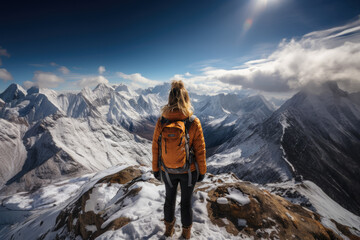 Woman skier on top of a snowy mountain