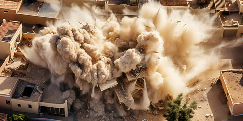 Plumes of smoke and dust after bomb explosion in residential district of urban area top view - obrazy, fototapety, plakaty
