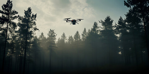 Reconnaissance drone performs combat mission flying in cloudy sky over forest to study enemy positions in early foggy morning - obrazy, fototapety, plakaty