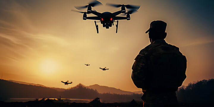 Military operator of electronic warfare unit controls military drones to reconnoiter or attack enemy positions at sunset