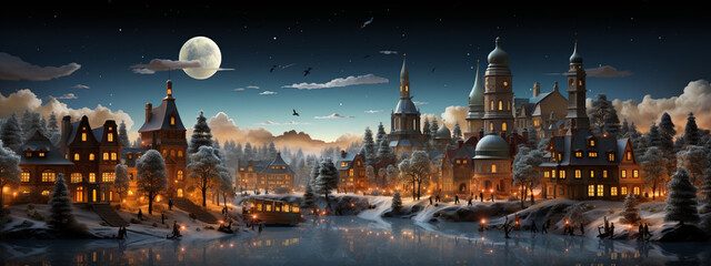 Fototapeta na wymiar Christmas decorated miniature town with train and snowy village scene, AI generated