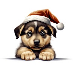 Dog/puppy wearing santa hat on white background. Christmas card banner festive design, Christmas music carol, 2023 holiday greeting celebration illustration