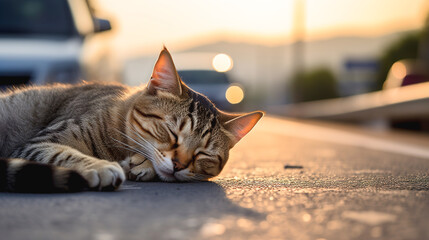 A car hit a cat on the road. traffic accident