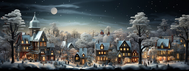 Christmas decorated miniature town with train and snowy village scene, AI generated - obrazy, fototapety, plakaty