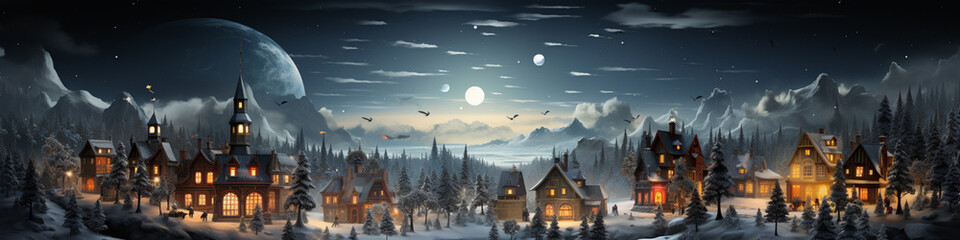 Christmas decorated miniature town with train and snowy village scene, AI generated - obrazy, fototapety, plakaty