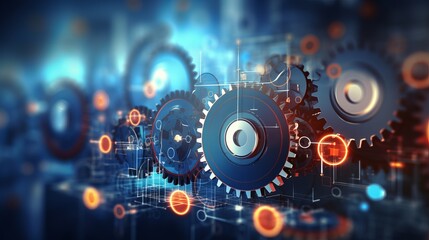 Seamless Business Process Automation: Gears and Icons in a Corporate Setting - Embodying Teamwork, Trust, and Agreements - obrazy, fototapety, plakaty