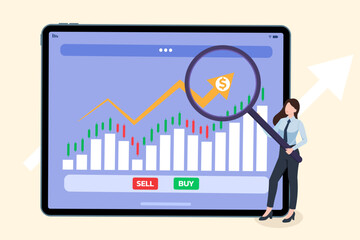 Business woman sell stock by tablet, Stocks market graph chart on tablet screen, Trading candlestick chart on electronic devices, Global stock exchanges index, Forex trading concept, Trading strategy