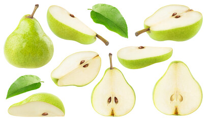 Collection of cut pear fruits and leaves, cut out - obrazy, fototapety, plakaty