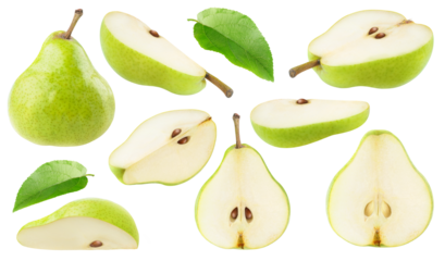 Collection of cut pear fruits and leaves, cut out