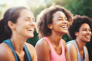 Group of young women smiling during yoga or pilates exercise in park - obrazy, fototapety, plakaty