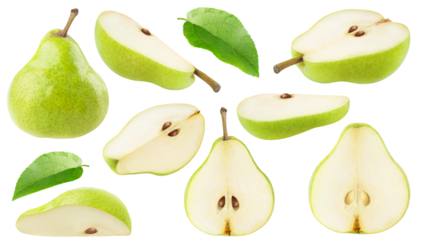 Collection of cut pear fruits and leaves, cut out
