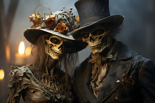 Couple of creepy, scary ghost wearing black coat with black hat with some flowers on hat smiling with some candles at back