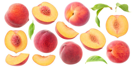 Collection of whole and cut peach fruits and leaves, cut out