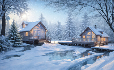 Watercolor painting: winter village landscape