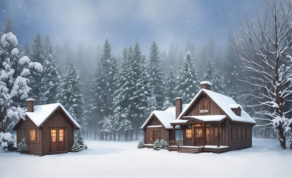 Watercolor painting: winter village landscape