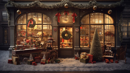 Obraz premium Cozy holiday ambiance with a beautifully decorated Christmas tree beside red velvet chairs in an elegant restaurant, bathed in warm golden light.