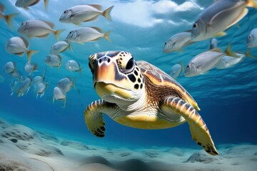 Fototapeta premium Turtle closeup with school of fish.