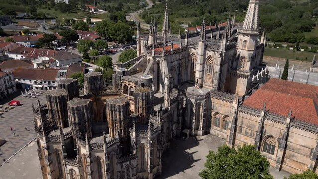 Aerial view of the 14th-century Batalha Monastery (Portuguese: Mosteiro da Batalha ), one of the most significant and best-preserved examples of Gothic architecture in Portugal.	
