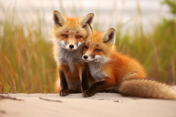 Fototapeta premium Wild baby red foxes cuddling at the beach.