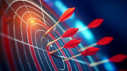 striking success: red dart arrows hit bullseye in the dark blue sky - business triumph and victory