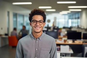 Portrait of a 30 year old guy smiling in the office where he works - obrazy, fototapety, plakaty
