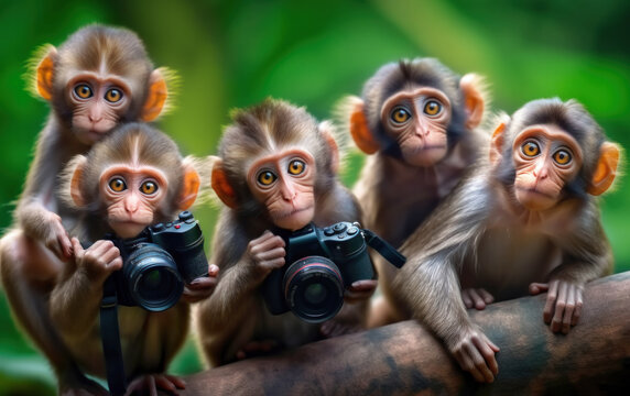 A group of funny little monkeys sit on a branch with their toy photo cameras, photography parody themes