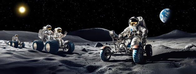Astronauts in buggies on a reconnaissance mission across the moon’s rocky terrain, showcasing teamwork and adventure in space exploration. Generative AI - obrazy, fototapety, plakaty
