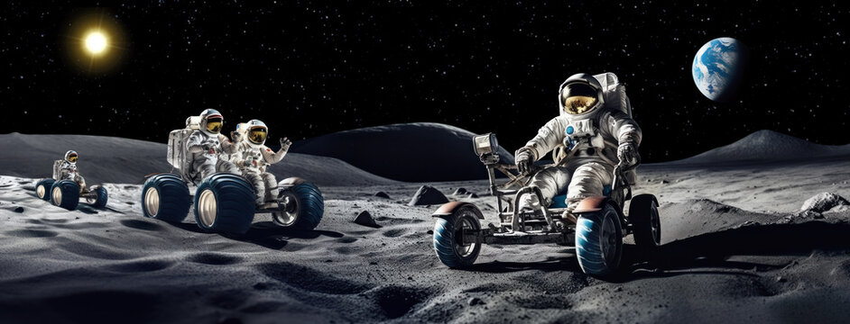 Astronauts in buggies on a reconnaissance mission across the moon’s rocky terrain, showcasing teamwork and adventure in space exploration. Generative AI