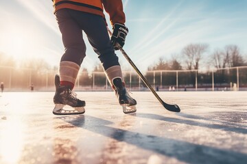 Fototapeta na wymiar a man playing hockey outdoor sports in snow taking a slapshot