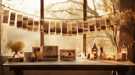 Nostalgic memories, an old photo album hanging by the window, casting shadows of cherished moments