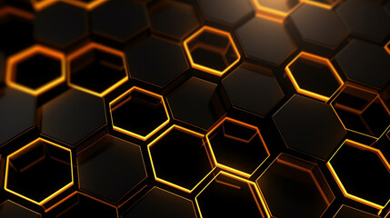 Abstract digital technology geometric hexagonal pattern background with glowing yellow neon lights from sides. Generated AI