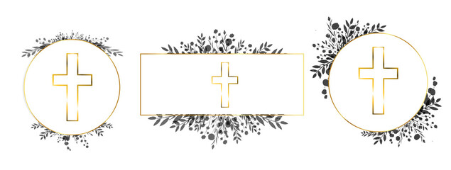 Set of floral watercolor religious wreaths and frames with flowers and leaves, gold crosses. Easter holiday backgrounds with cream, for baptism, first communion, bible phrases, black and white 
