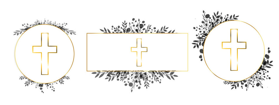 Set of floral watercolor religious wreaths and frames with flowers and leaves, gold crosses. Easter holiday backgrounds with cream, for baptism, first communion, bible phrases, black and white 
