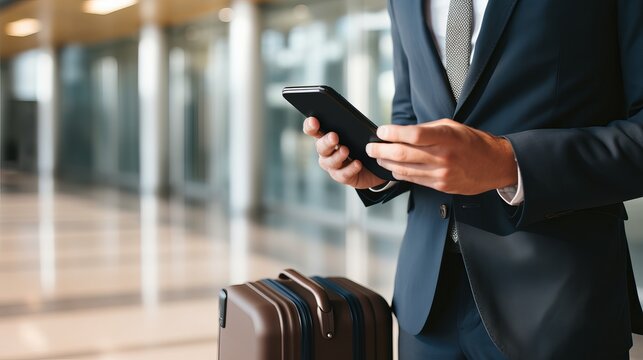 business success: suited businessman with smartphone and suitcase in hotel -lobby