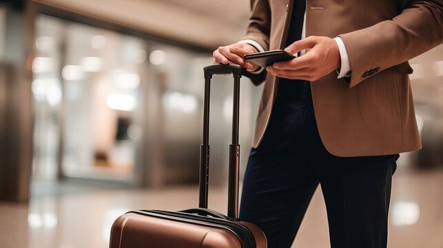 business success: suited businessman with smartphone and suitcase in hotel -lobby