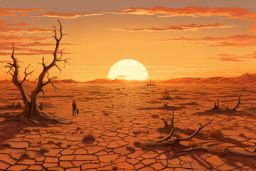 Illustration of massive draught, dry cracked land, el nino - obrazy, fototapety, plakaty