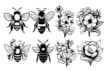 bundle of bee and flowers vector,icon,illustration
