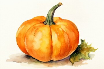 Autumnal watercolor artwork of an orange pumpkin. Generative AI