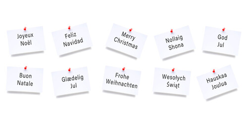 Weihnachtswünsche in verscheidenen Sprachen auf einem Notizzettel