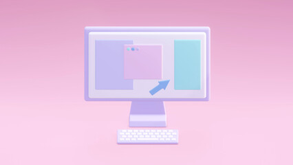 3d render of computer and keyboard in workplace. LCD monitor with open pages of website in pastel colors. Illustration for digital design, landing page template