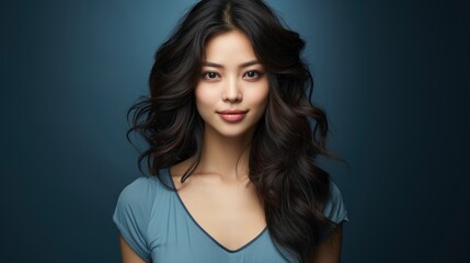 Fototapeta premium Portrait Young Asian Woman Standing Blue Backgroundph, Background Image , Beautiful Women, Hd